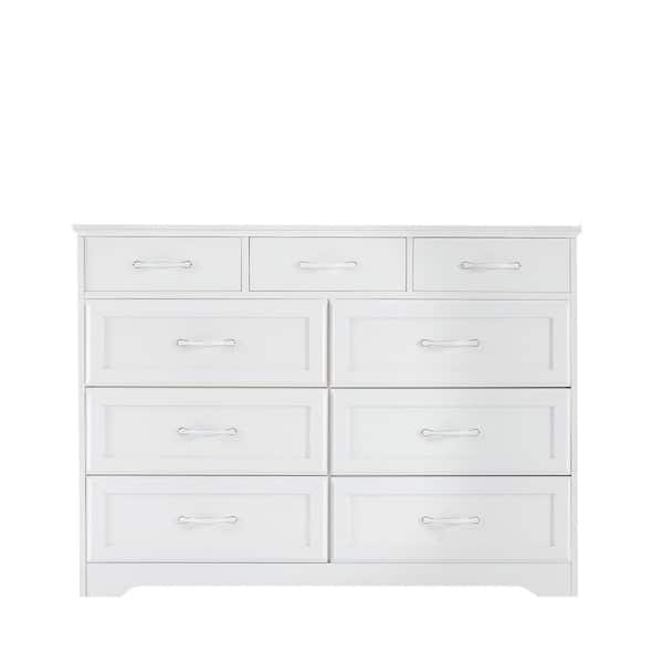 47.56 in. W x 15.75 in. D x 34.45 in. H White Wood Modern Linen Cabinet with 9-Drawers and Antique Handles for Bedroom
