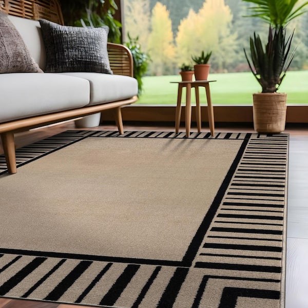 Edge Beige 6 ft. x 9 ft. Rubber Back Washable Geometric Border Indoor Outdoor Patio Area Rug