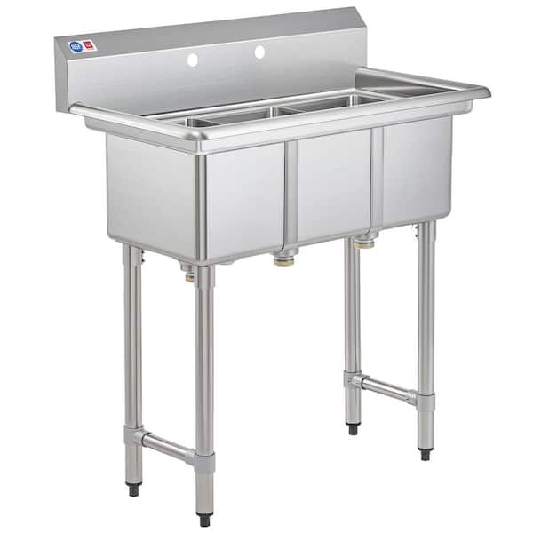 36.6 in. Stainless Steel Utility Sink with Freestanding Triple Bowl