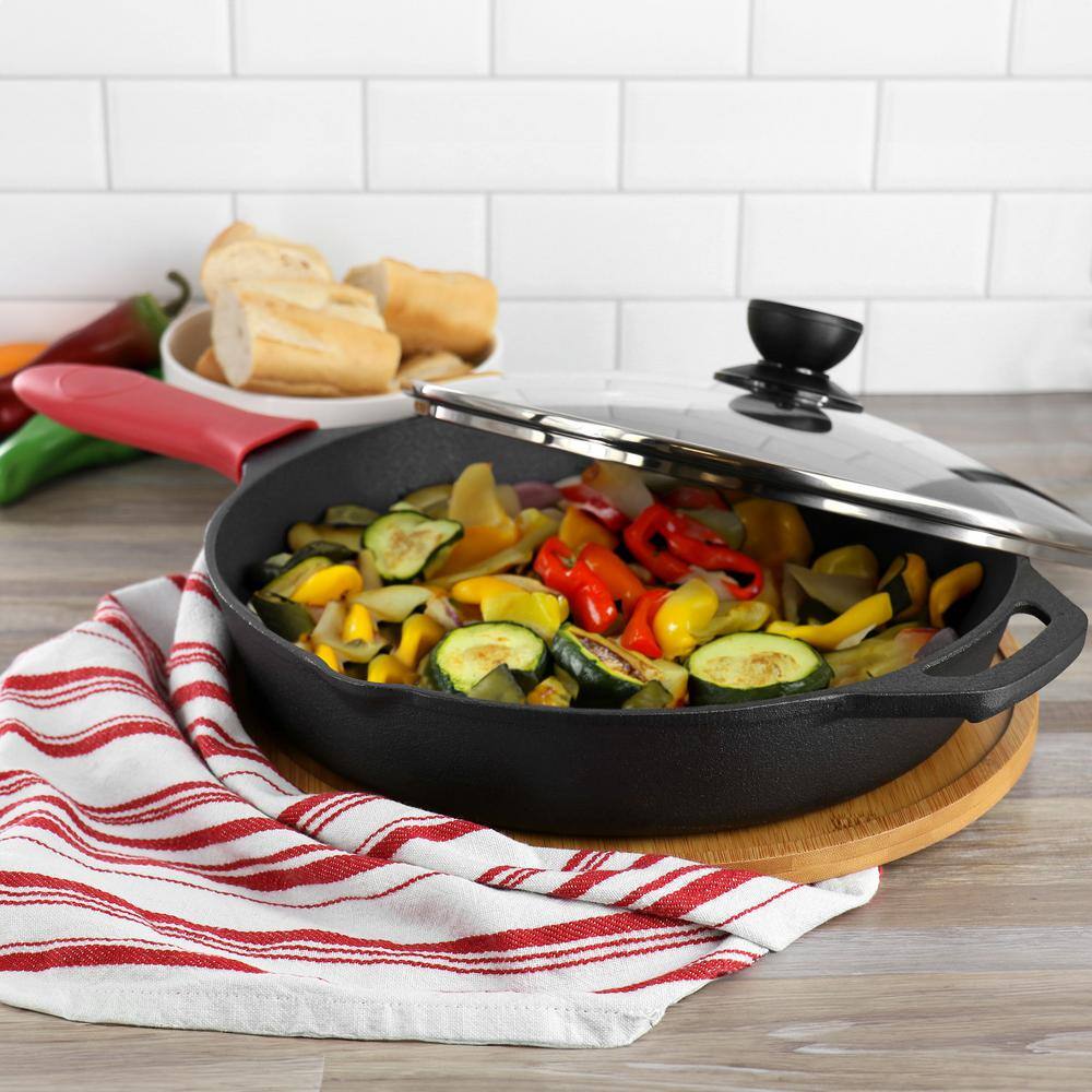 12 Inch Black Cast Iron Skillet with Glass Lid and Accessories