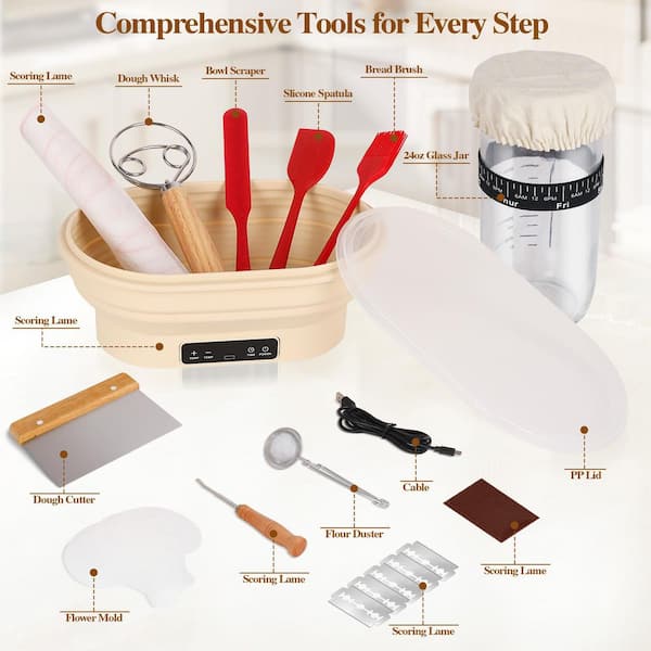 Sourdough Starter Kit with 6-Temp (77-122°F) Graphene Warmer, 4L Oval Thermostatic Proofing Banneton for Bread Making