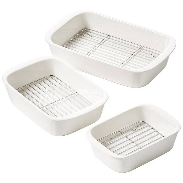 3-Piece White Deep Casserole Dishes, Ceramic Baking Dish Set with Roasting Racks, Large Lasagna Pans with Handles