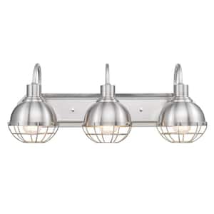 Eli 24.1 in. 3-Light Brushed Nickel Vanity Light with Caged Shades, Incandescent Bulbs Included
