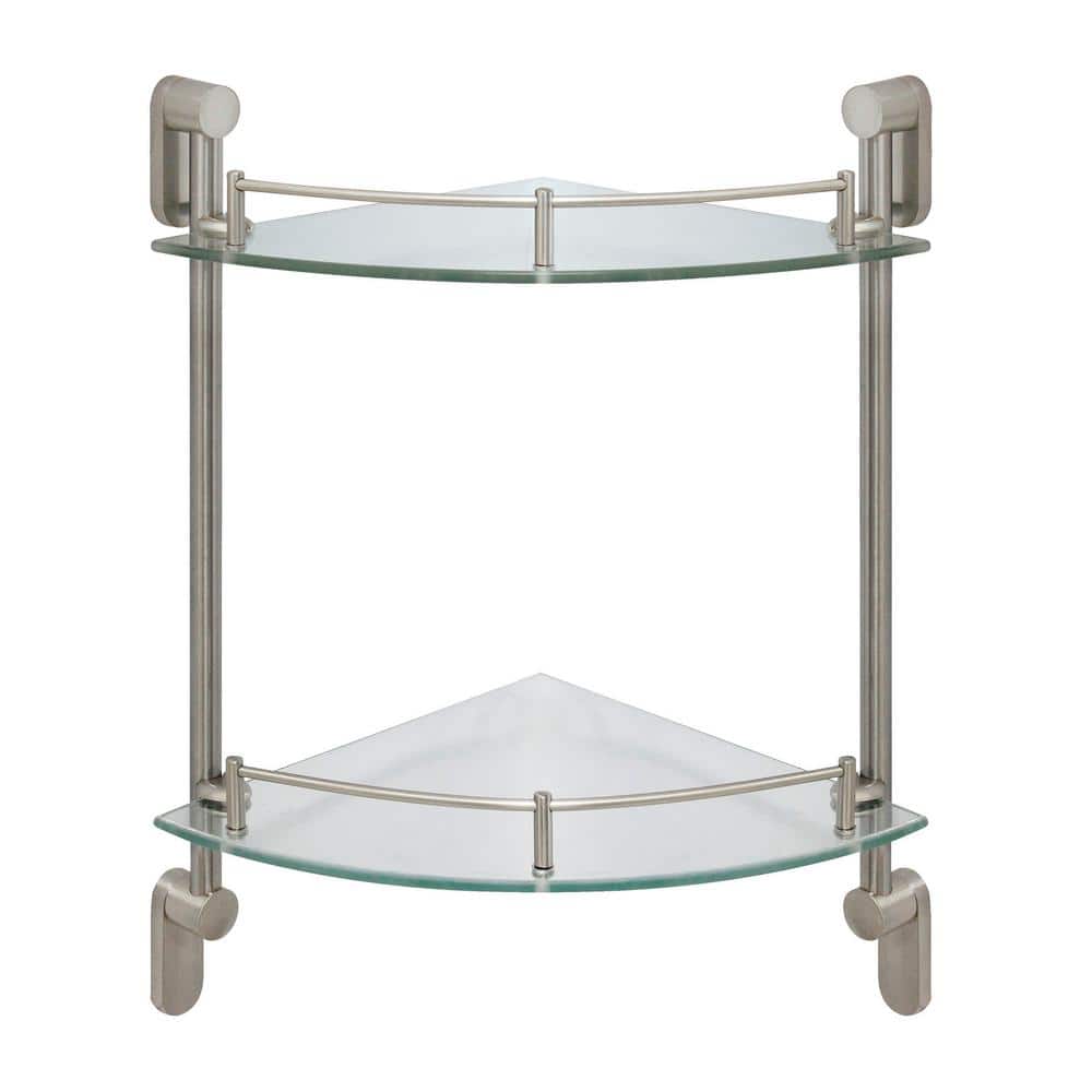 MODONA Oval 10.5 in. W Double Glass Corner Shelf with Pre-Installed Rails  in Satin Nickel 7723-SN The Home Depot