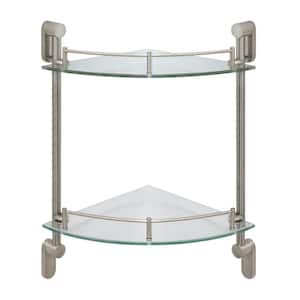 Oval 10.5 in. W Double Glass Corner Shelf with Pre-Installed Rails in Satin Nickel