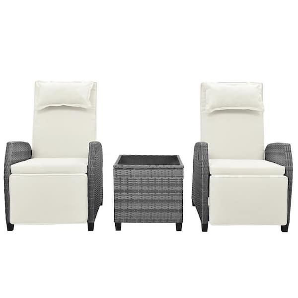 Gray 3-Piece Wicker Patio Conversation Set with Beige Cushions