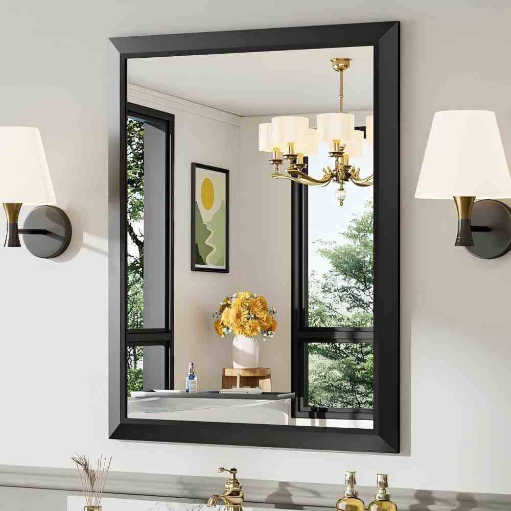 28 in. W x 36 in. H Rectangular Framed French Cleat Wall Mounted Tempered Glass Bathroom Vanity Mirror in Black price history on PriceWatchPro