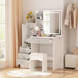 4-Drawers Wood Makeup Vanity Sets Dressing Table Sets in White with Stool, Mirror, LED Light and Storage Shelves