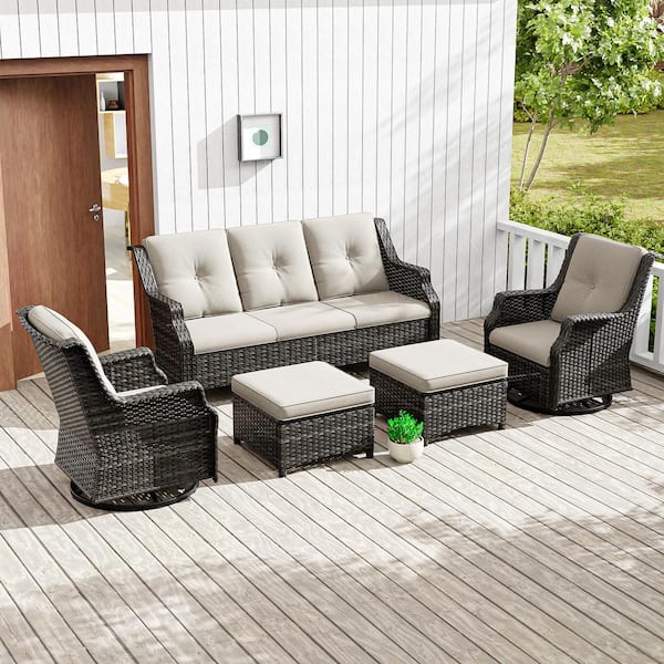 JOYSIDE 5-Piece Wicker Outdoor Patio Conversation Set Sectional Sofa with Swivel Rocking Chairs, Ottomans and Beige Cushions