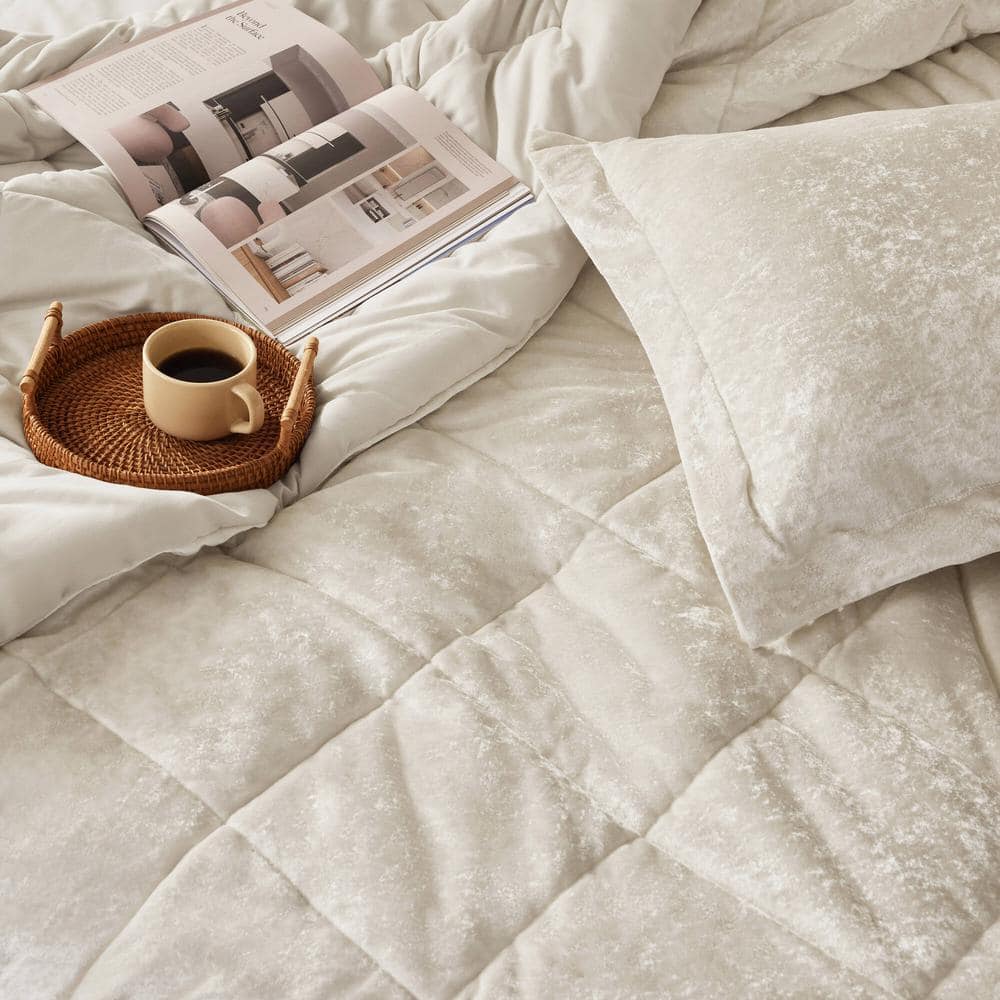 Champagne Velvet Diamond Quilted Queen Duvet Cover Set