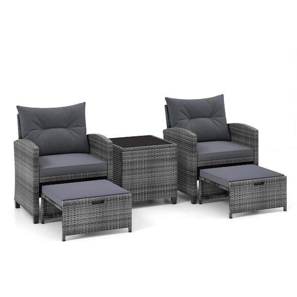 Costway Grey 5-Piece Metal Patio Conversation Set with 2 Ottomans and Tempered Glass Coffee Table and Cushion Grey