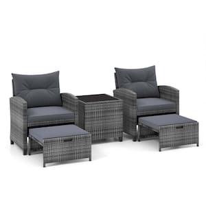 Grey 5-Piece Metal Patio Conversation Set with 2 Ottomans and Tempered Glass Coffee Table and Cushion Grey