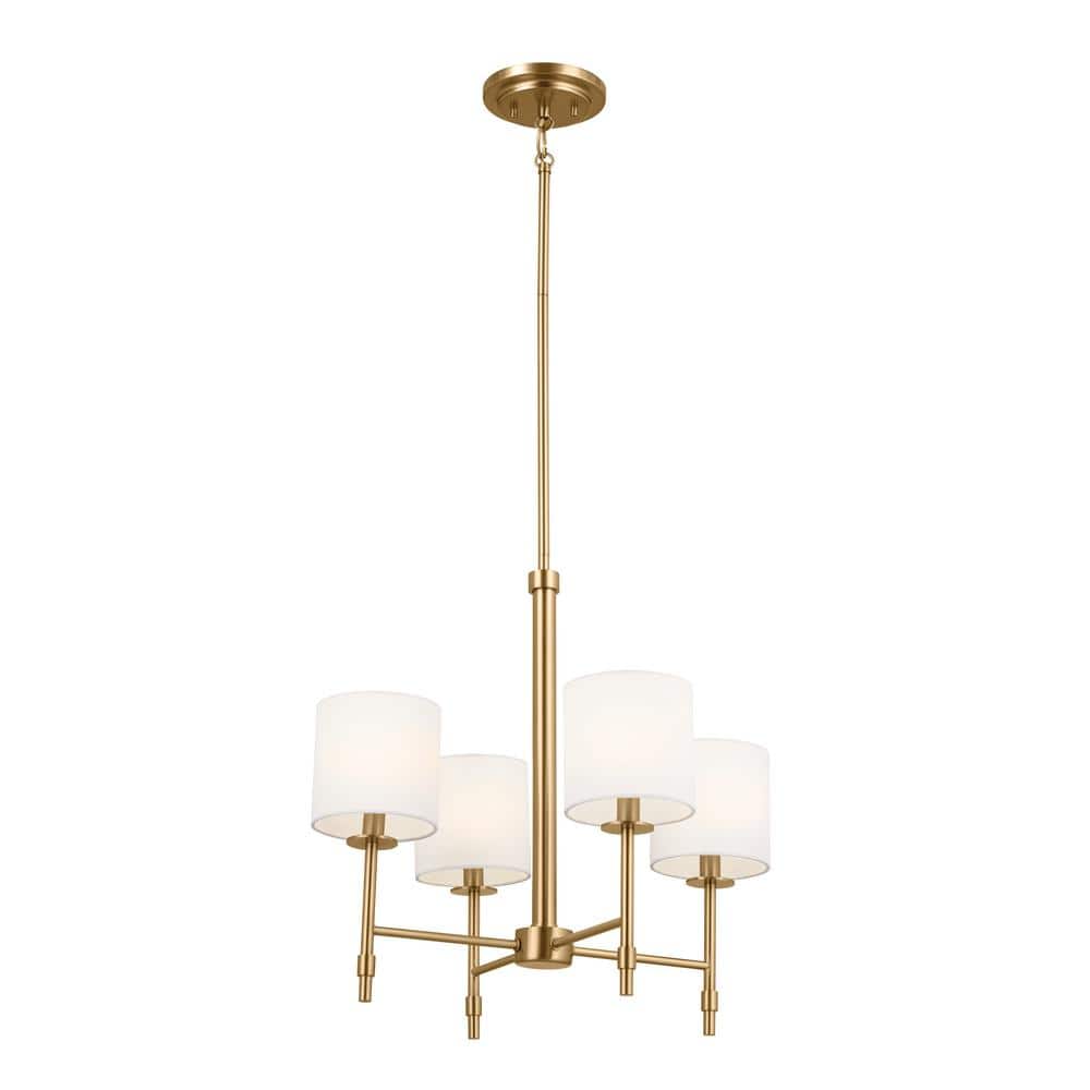 Brushed Brass Mini 4-Light Chandelier with Fabric Drum Shades