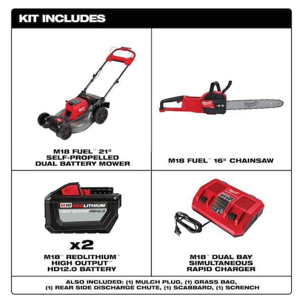 M18 FUEL Brushless Cordless 21 in. Dual Battery Self-Propelled Lawn Mower w/ Chainsaw, (2) 12.0Ah Batteries