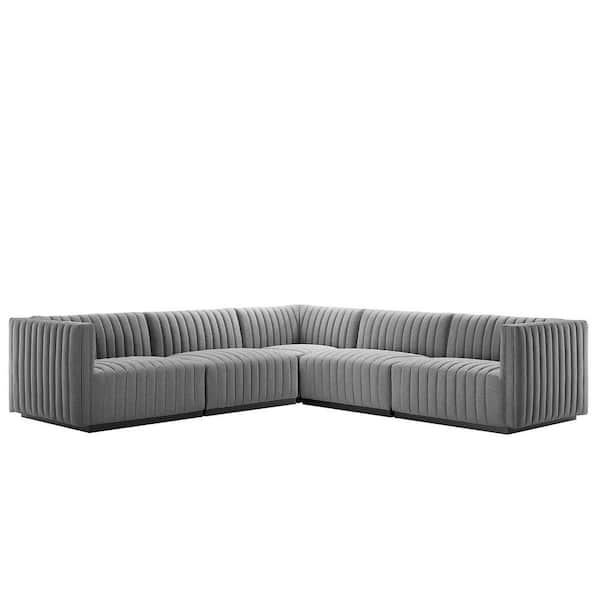 MODWAY Conjure 109.5 in. W Channel Tufted Upholstered Fabric 5-Piece L-Shaped Symmetrical Sectional in Black Light Gray