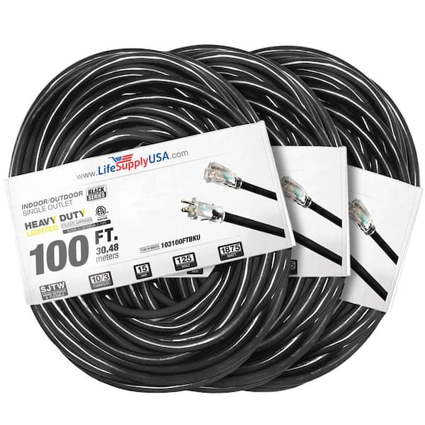 LifeSupplyUSA 100 ft. 10 Gauge/3 Conductors SJTW Indoor/Outdoor Extension Cord with Lighted End Black (3-Pack)