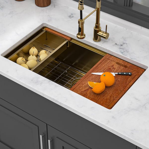 36 in. Undermount Single Bowl 16-Gauge Gold Stainless Steel Kitchen Sink with Workstation