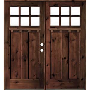 72 in. x 80 in. Craftsman Knotty Alder RM Stained/Dentil Shelf Left-Hand 12-Lite Clear Wood Double Prehung Front Door