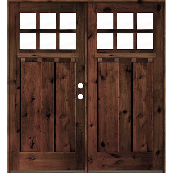 Krosswood Doors 72 in. x 80 in. Craftsman Knotty Alder RM Stained/Dentil Shelf Left-Hand 12-Lite Clear Wood Double Prehung Front Door