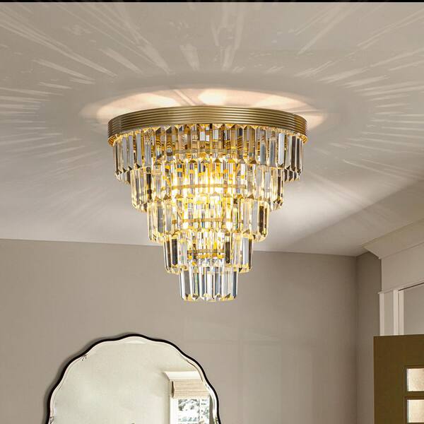 16In. 4-Light Modern Gold Tiered Crystal Flush Mount Ceiling Light With Clear Crystals for Foyer Living Room