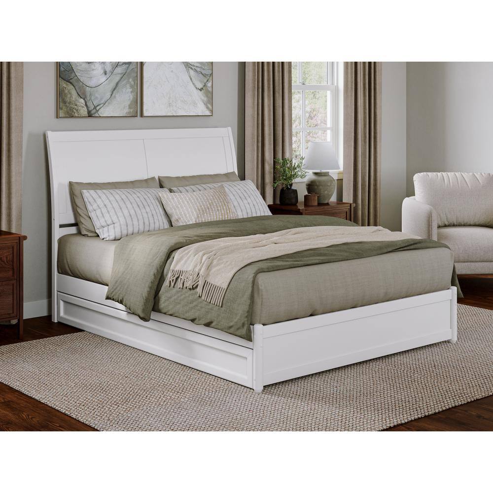 White Queen Wood Platform Bed with Trundle and Headboard