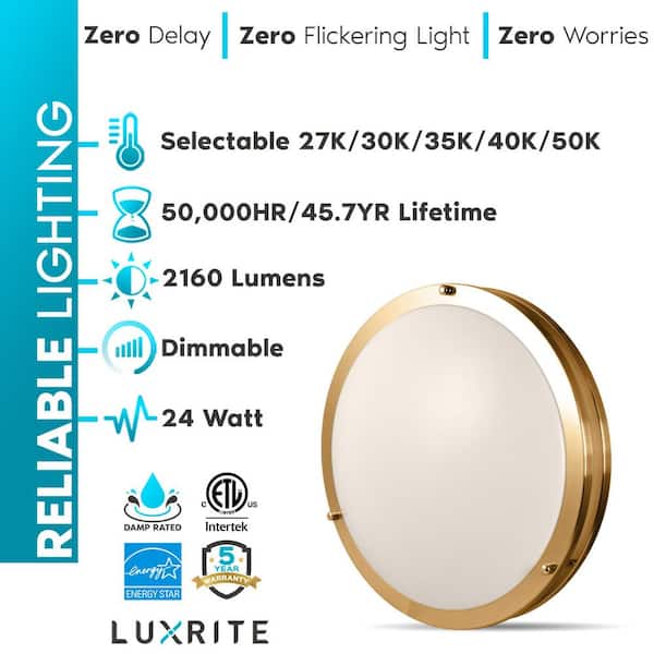 24-Watt 18 in. 5 Color Selectable LED 2700K/3000K/3500K/4000K/5000K Flush Mount Dimmable Fixture 2160 Lumens ETL Brass
