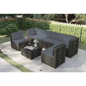 7-Piece Rattan 6-Person Wicker Outdoor Sectional Seating Group with Gray Cushions and Glass Table, Patio Furniture Sets