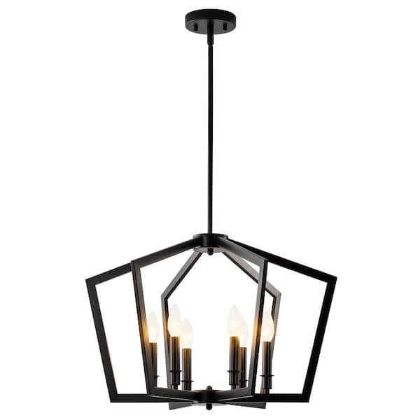 Modern Farmhouse 6-Light Black Geometric Chandelier with Open Cage Design for Dining Room, Living Room, Foyer