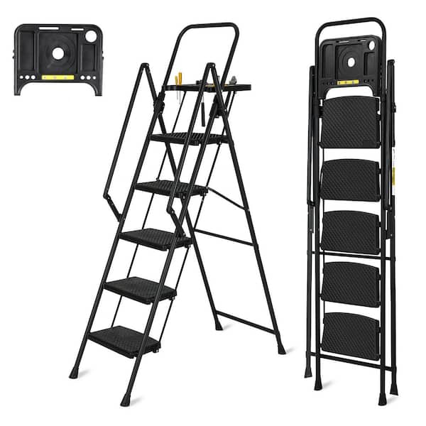 5-Step Compact Metal Step Stool Ladder with Tool Tray, 350 lbs. Load Capacity Type II Duty Rating, Black