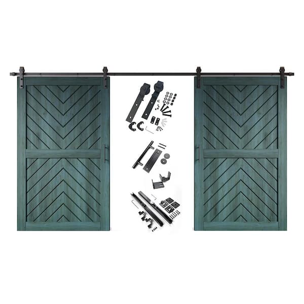 JT4 50 in. x 80 in. C-Panel Royal Pine Fishbone Design Double Pine Wood Sliding Barn Door with Hardware Kit