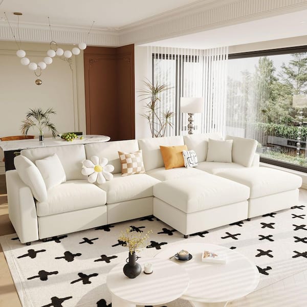 Alvon Modern 128.2 in. Chenille Upholstered U-shaped Modular Sectional Sofa in Beige with Two Ottomans