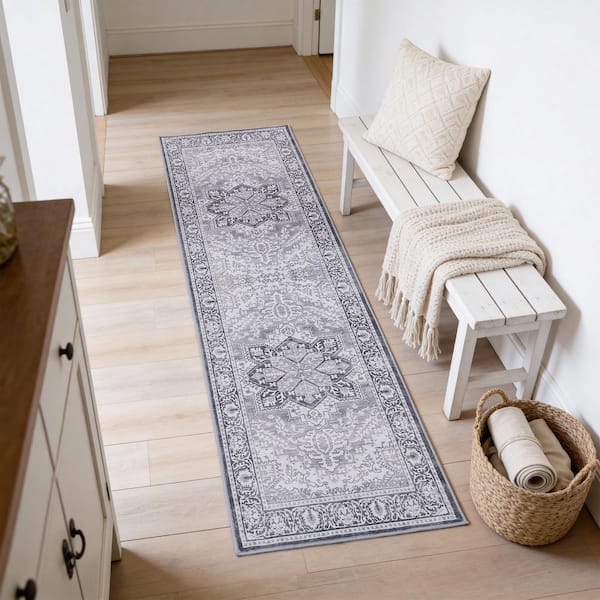 Eleanor Vintage Medallion Border Machine-Washable Ivory/Gray 2 ft. x 8 ft. Runner Rug
