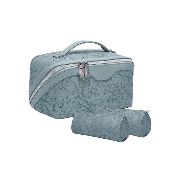 Light Blue 3-Set Large Capacity Travel Toiletry Bags-PU Leather Cosmetic Organizer with Detachable Pouches and Handle