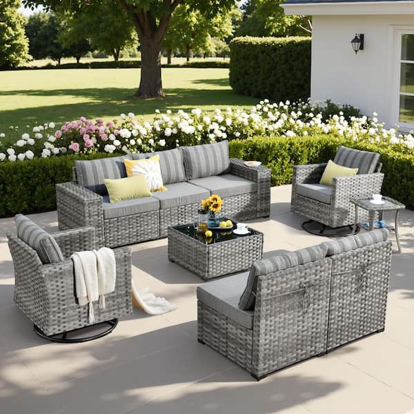 HOOOWOOO Tahoe Grey 9-Piece Wicker Outdoor Patio Conversation Sofa Set with Swivel Rocking Chairs and Striped Grey Cushions