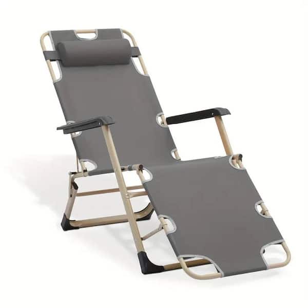 Unbranded Outdoor Foldable Reclining Chair with Removable Headrest and Adjustable Foot Pads, Gray Patio Lounge Chairs Lawn Chair