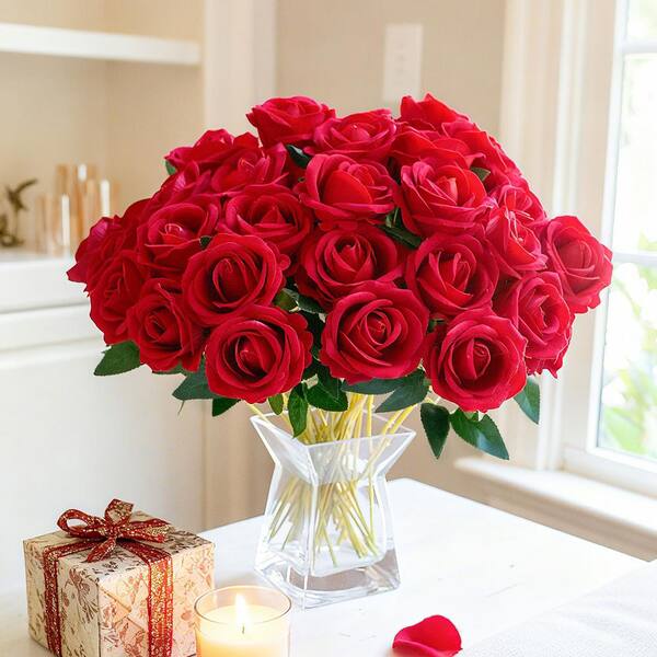 20.1 in. Romance Series Red Indoor Artificial Roses in Clear Glass