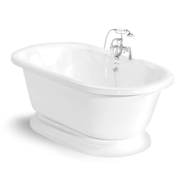 American Bath Factory 70 in. AcraStone Acrylic Double Pedestal Flatbottom Non-Whirlpool Bathtub and Faucet in Chrome