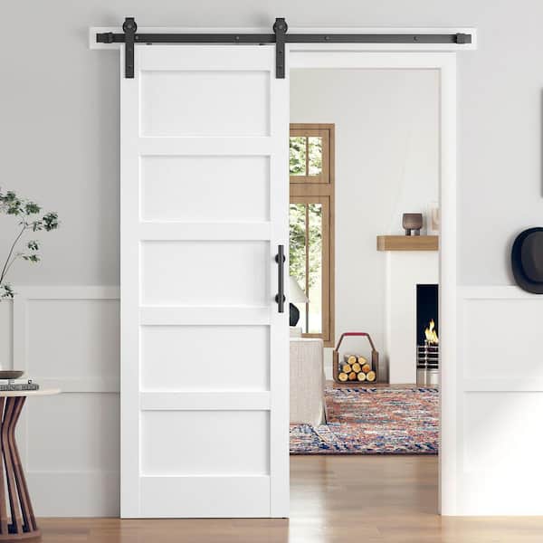 easelife 32 in. x 84 in. 5-Panel Solid MDF White Finished Interior Sliding Barn Door with Hardware Kit