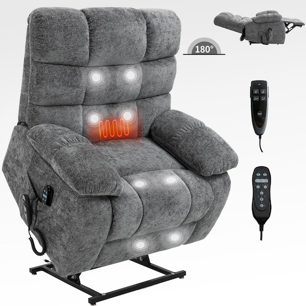 Grey Lift Recliner Chair Heat Massage Dual Motor Infinite Position Up to 350 lbs. Large Electric Power Lift Recliners
