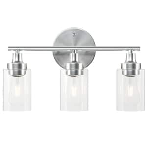 17 in. 3-Light Modern Brushed Nickel Vanity-Light with Clear Glass Shade