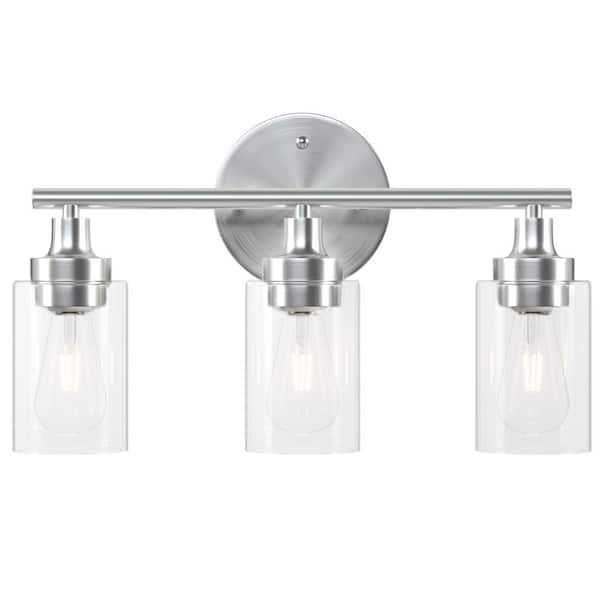 Merra 17 in. 3-Light Modern Brushed Nickel Vanity-Light with Clear Glass Shade