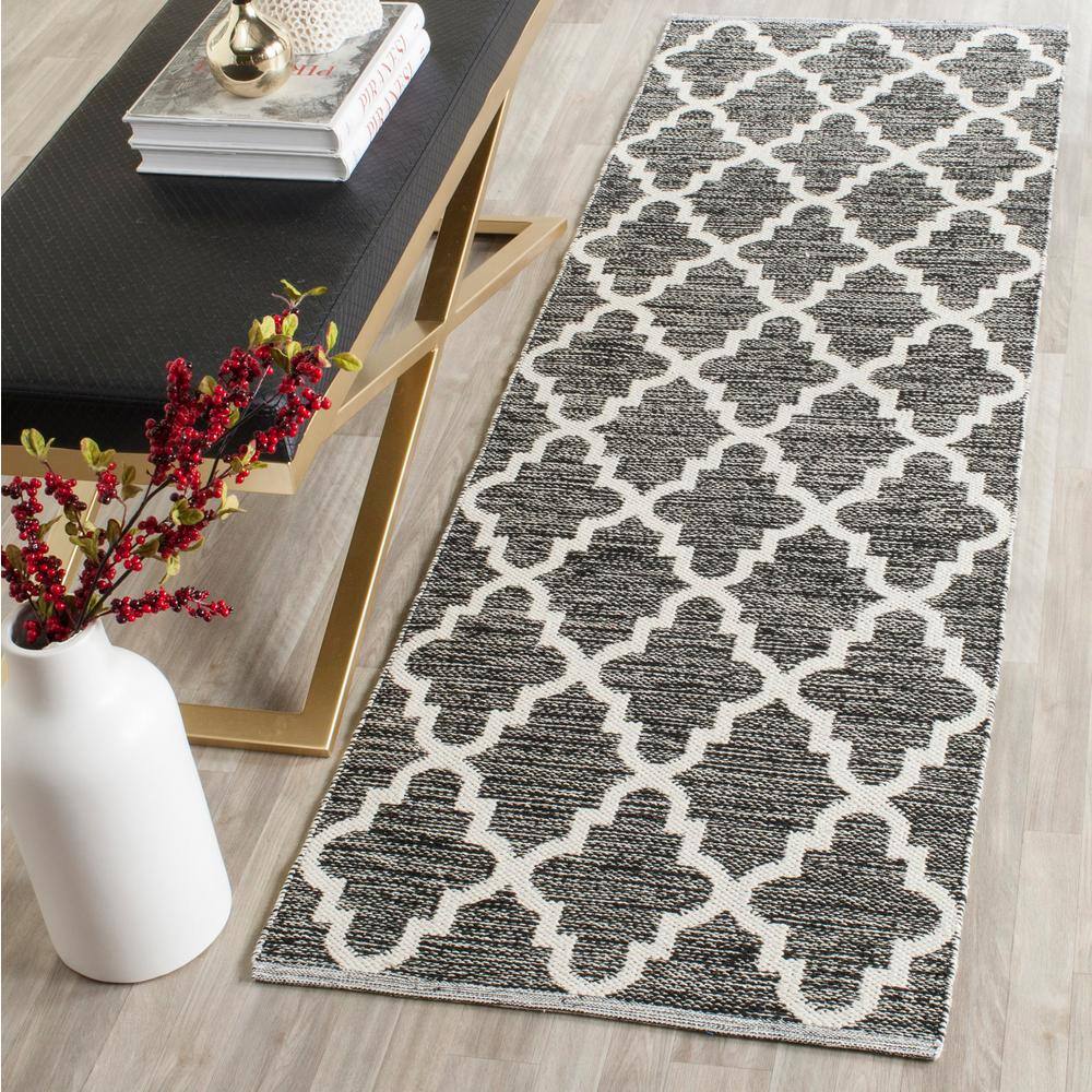Black and Ivory Cotton Trellis Handwoven Runner Rug