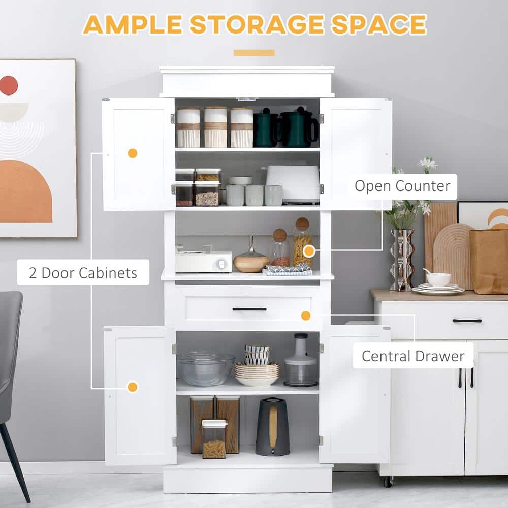 White Freestanding Kitchen Pantry with Adjustable Shelves