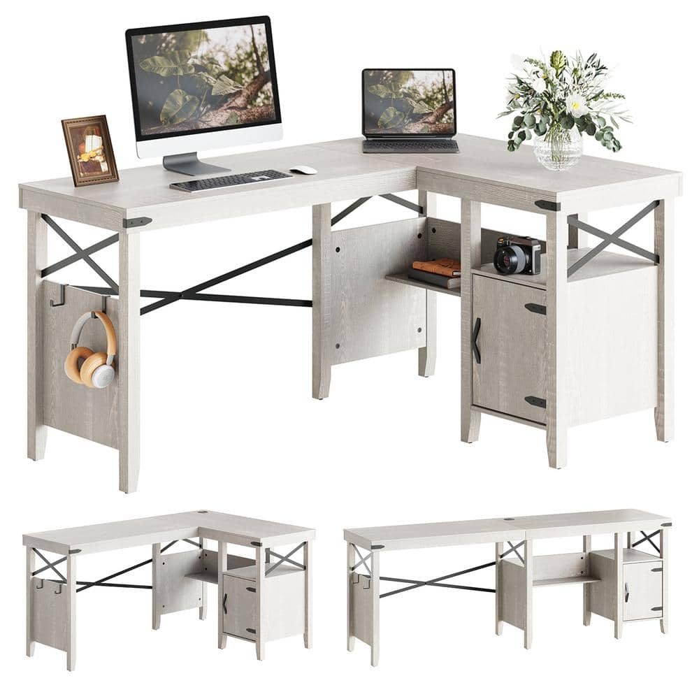 Bestier 60 in. Farmhouse L-Shaped Computer Desk with Storage Cabinet and Bookshelf Light Grey