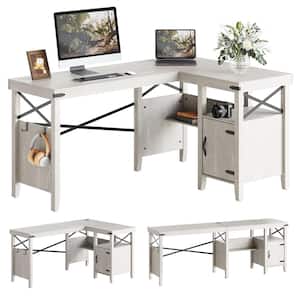 60 in. Farmhouse L-Shaped Computer Desk with Storage Cabinet and Bookshelf Wash White
