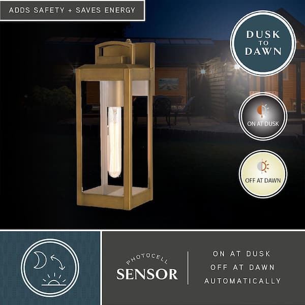 Kinzie 1 Light Brass Outdoor Wall Lantern with Dusk to Dawn Photocell, Clear Glass