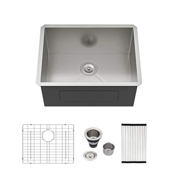 23 in. Undermount 16-Gauge Single Bowl Stainless Steel Kitchen Sink with Bottom Grids, Rolling-Up Rack and Strainer