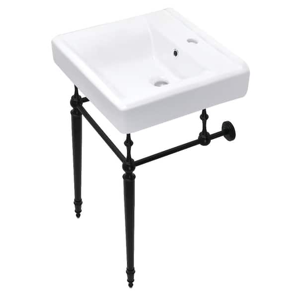 Kingston Brass Edwardian 20 in. Ceramic Console Sink Set with Brass Legs in White/Matte Black