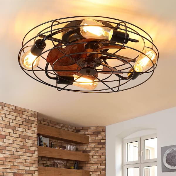 Lasaideal 20 in. 4-Light indoor Wood Grain Farmhouse Caged Low Profile Ceiling Fan Flush Mount Remote Control with Bulbs Included