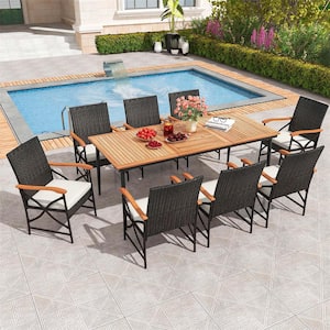 9-Piece Wicker Outdoor Dining Set with Off-White Cushions